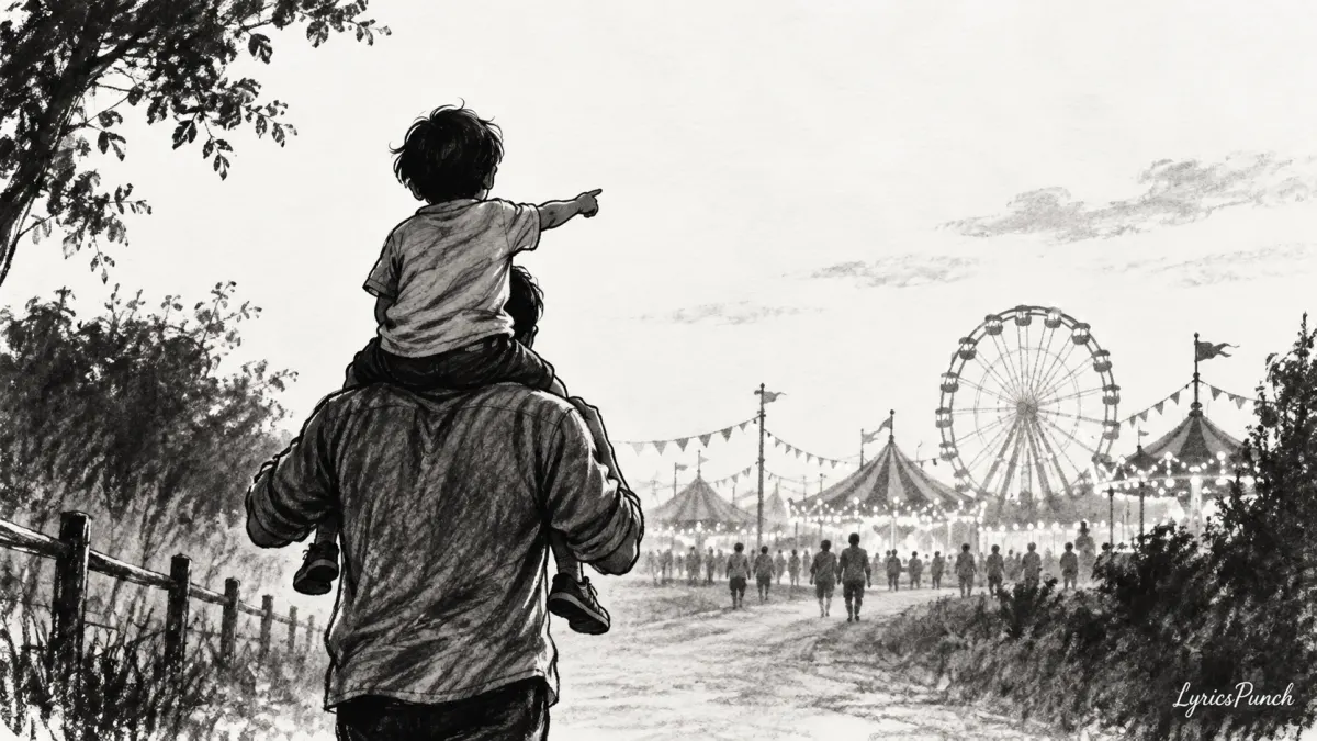 Original LyricsPunch illustration for Mere Hero Hai Woh: a father carrying his child on his shoulders toward a fairground